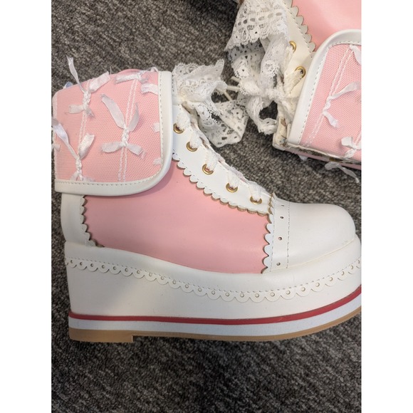 HILIB Girls Lolita Cosplay Pink & White Lace Wedge Shoes‎ Size 12.5 main image 2